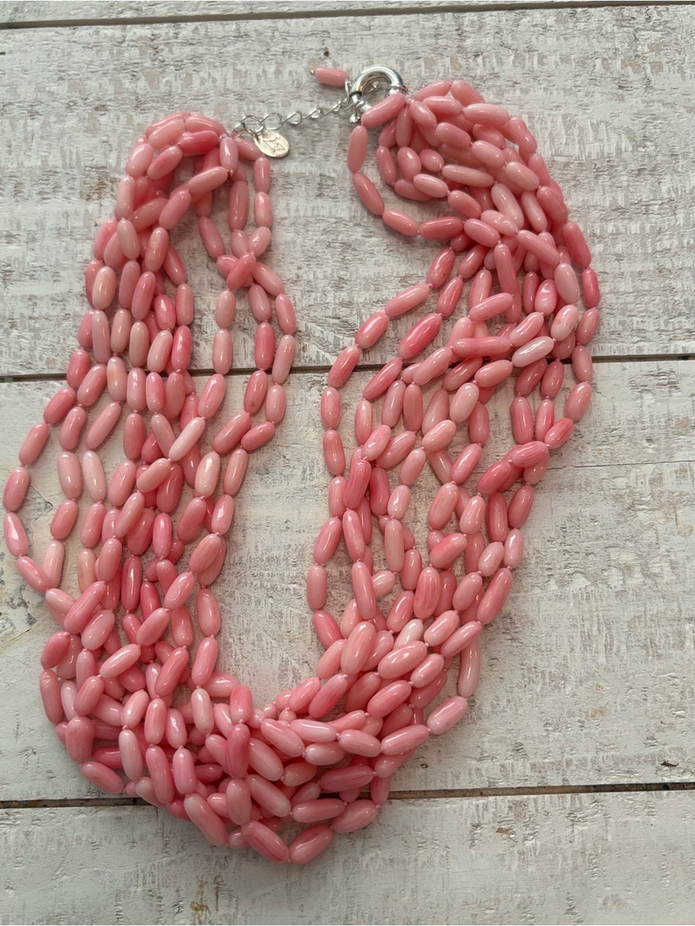 Vintage Signed GS Star Multi-Strand Pink Coral Rice Bead Necklace 925 clasp
